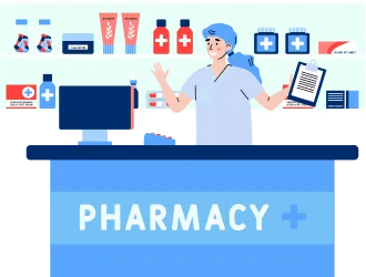 Pharmacy dashboard and medicine ordering illustration for healthcare platform